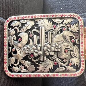Catchfly Girl’s Silver Tone Pink Rhinestones Accent Cactus Floral Buckle Belt M